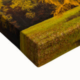 Large art of a black and white landscape painting on stretched canvas, depicting trees in autumn.