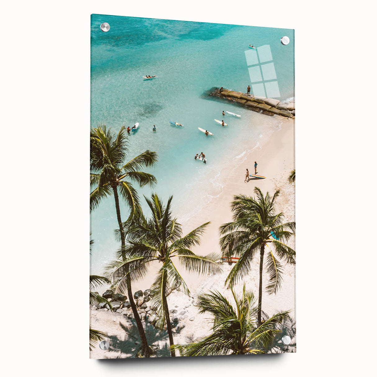 Large abstract wall art on acrylic glass depicting summer season themes in bright yellow and blue tones.