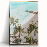 Large art print of a mid-century modernist summer scene on acrylic, framed in gold, ideal for nursery wall decor.