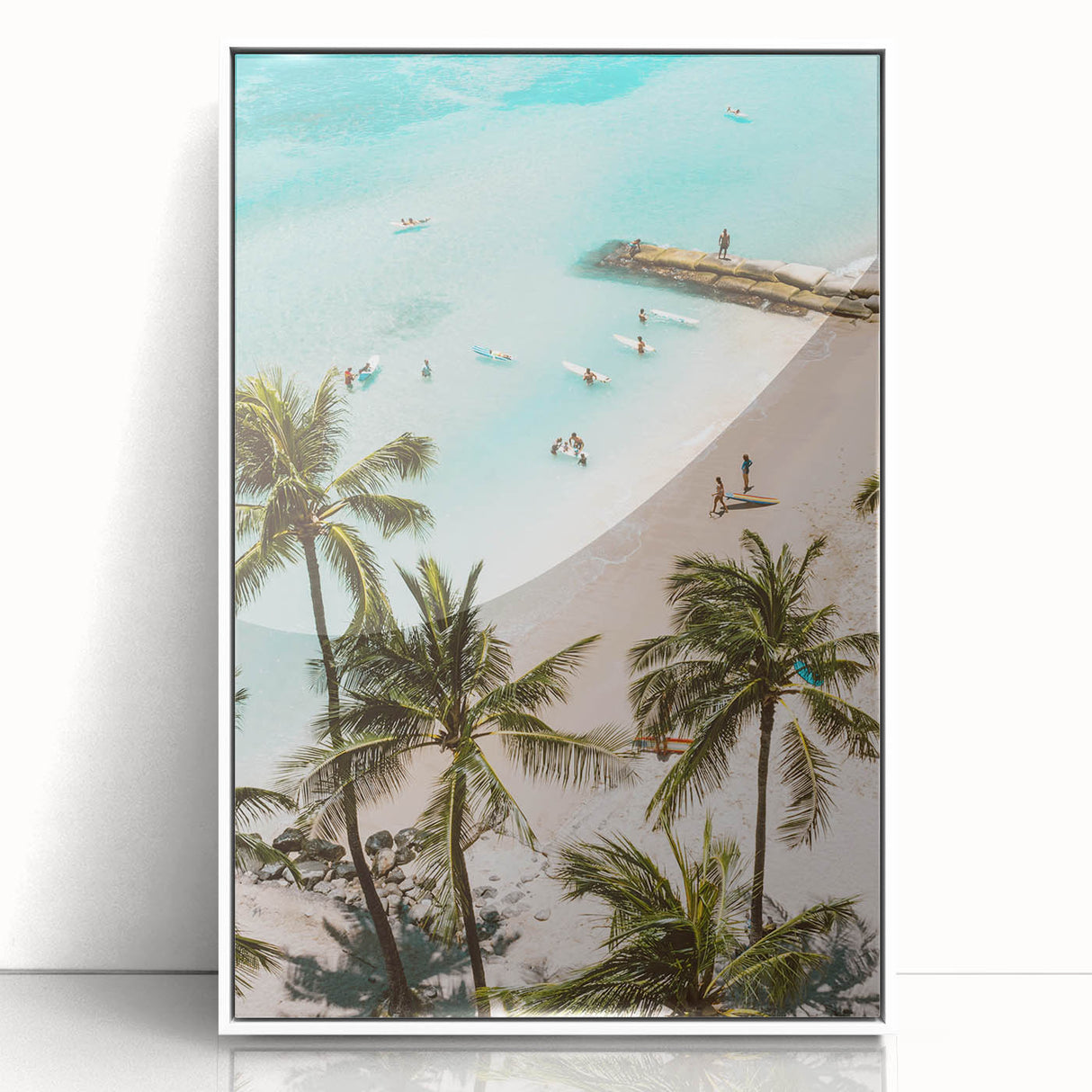 Art deco poster of a stylized summer scene in pastel shades, acrylic print in a white frame, suitable for nursery wall art.