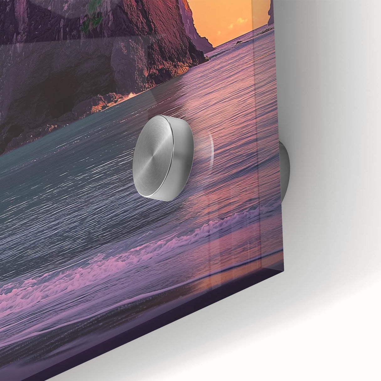 Close-up of an acrylic glass artwork depicting colorful cliffs and landscapes, showcasing vibrant hues and intricate details, perfect for modern decor.