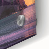 Close-up of an acrylic glass artwork depicting colorful cliffs and landscapes, showcasing vibrant hues and intricate details, perfect for modern decor.