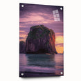 Acrylic landscape art piece showcasing dramatic cliffs and vibrant colors, elegantly displayed with glass framing and pin mounts for a modern aesthetic.