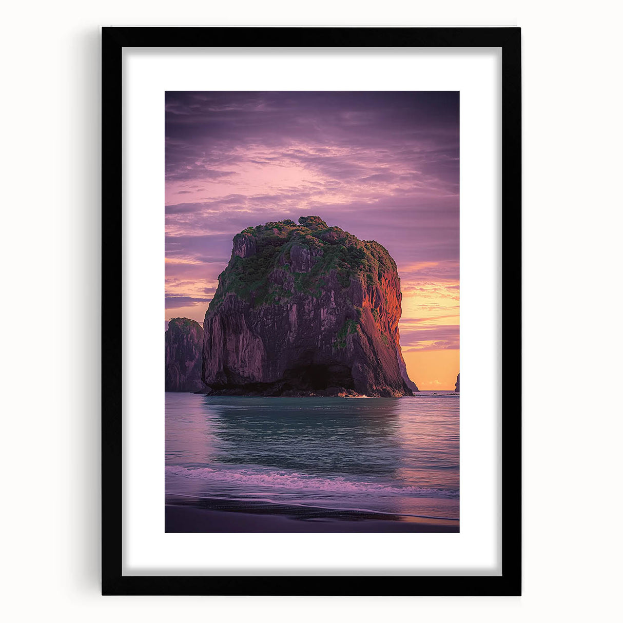 Black-framed landscape artwork featuring dramatic cliffs and serene ocean views, with a stylish mat for an elegant presentation, perfect for home decor.