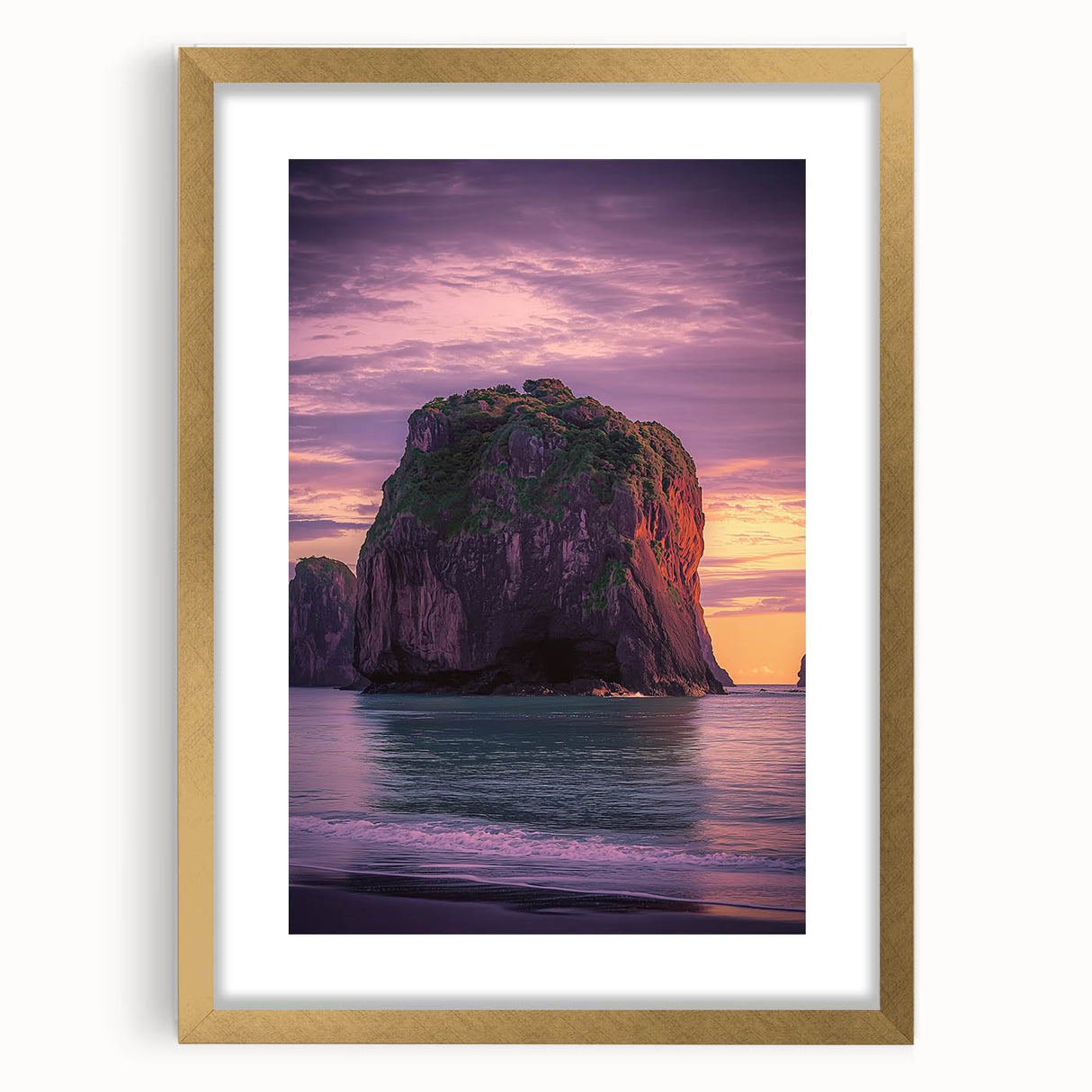 Elegant gold-framed landscape artwork depicting majestic cliffs, featuring a refined mat for added depth, ideal for sophisticated home decor.