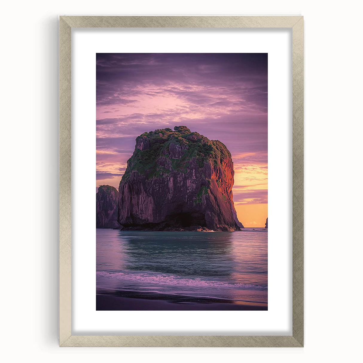 Framed silver landscape artwork showcasing dramatic cliffs and serene scenery, elegantly matted for enhanced presentation. Perfect for home decor or office spaces.