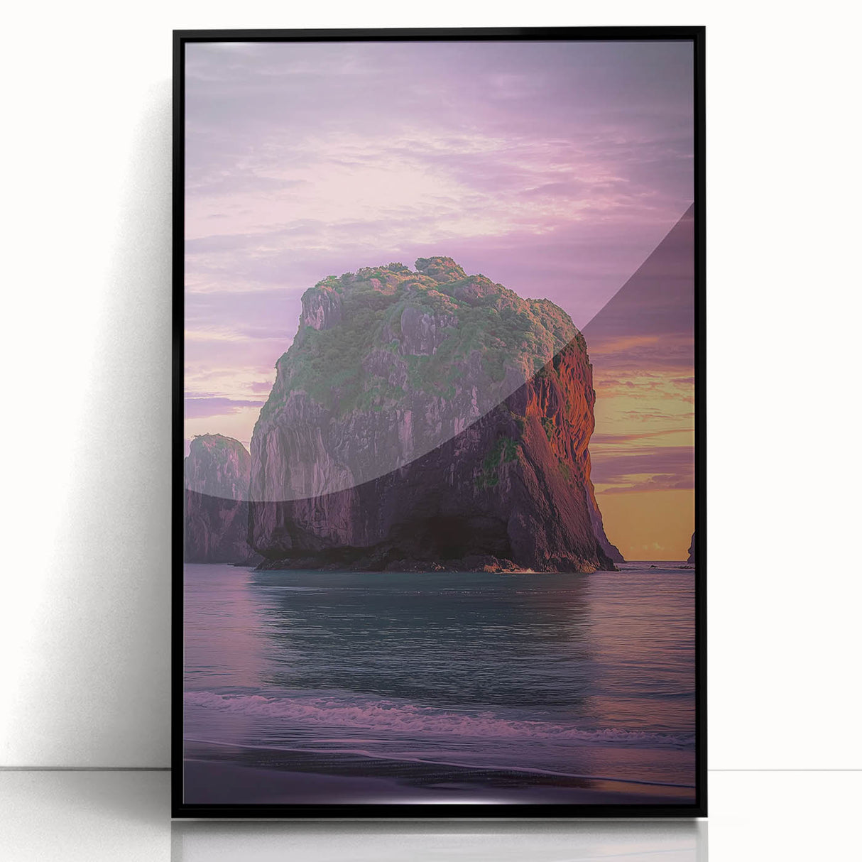 Framed acrylic artwork depicting dramatic cliffs and landscapes in vibrant colors, showcasing natural beauty and depth, perfect for home decor.