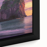 Framed canvas artwork showcasing a stunning close-up of rugged coastal cliffs at sunset, highlighting rich hues of orange and blue in a serene landscape. Ideal for home decor.