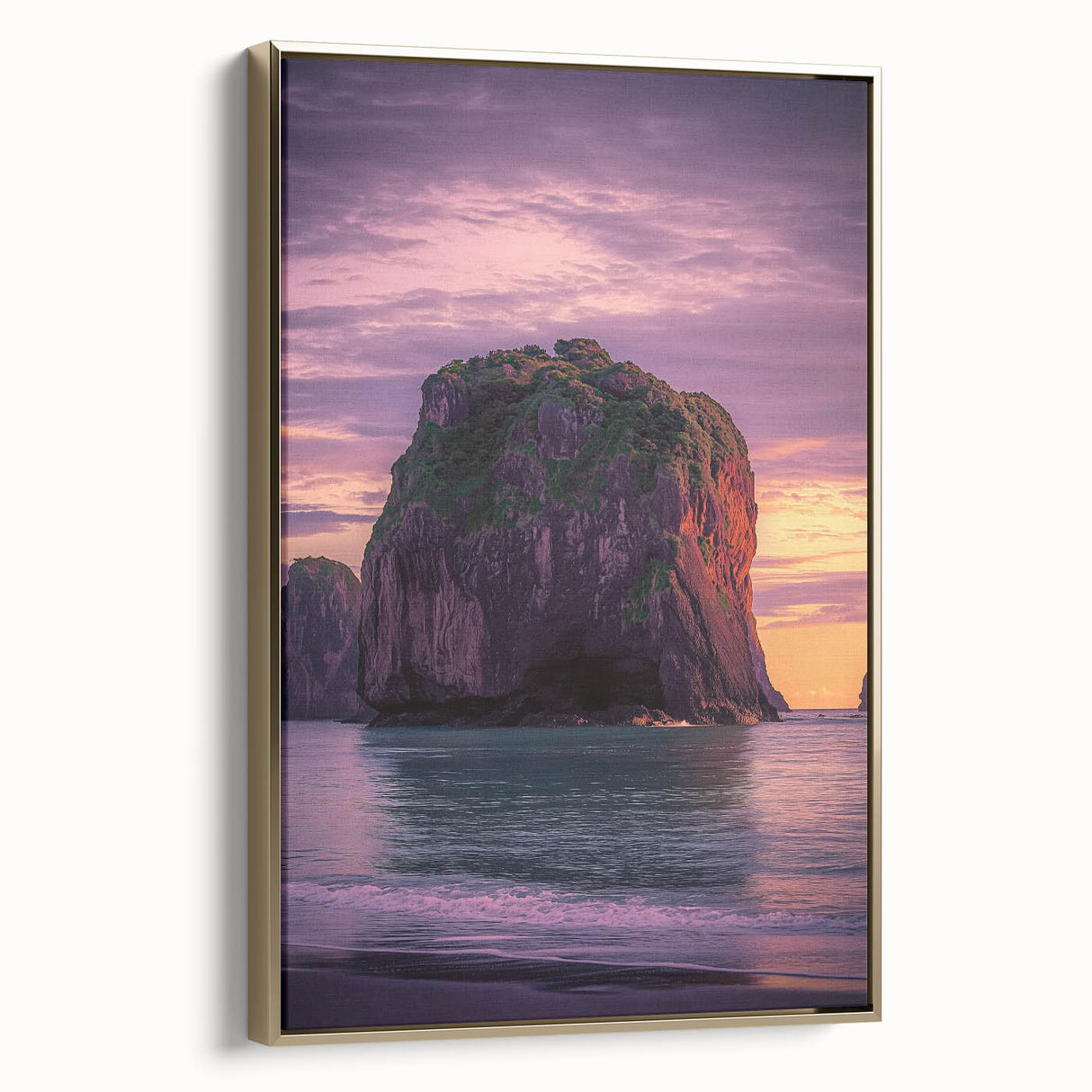Framed canvas artwork depicting dramatic cliffs in a landscape setting, showcasing rich gold accents and a modern design, perfect for enhancing any room decor.