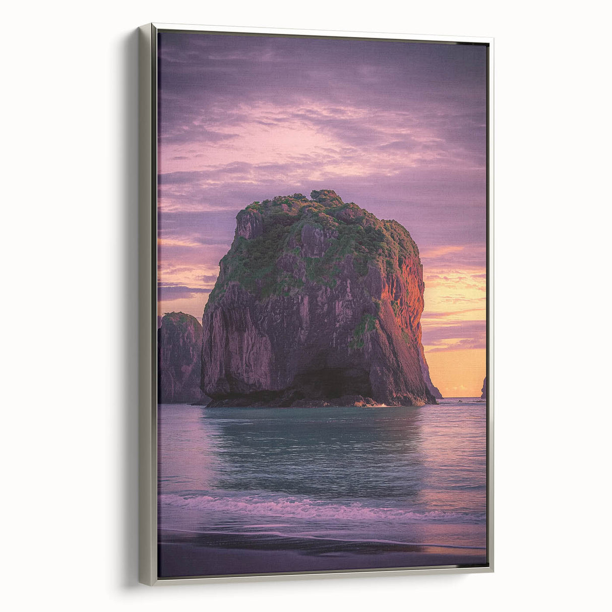 Framed canvas artwork depicting a stunning cliff landscape in silver tones, showcasing intricate details and a contemporary design, perfect for modern decor.
