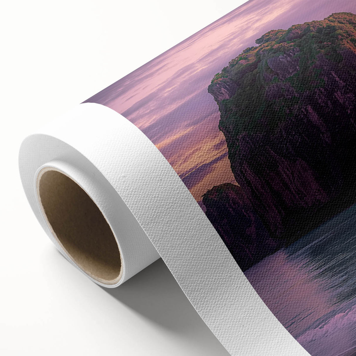 Stunning rolled canvas print depicting a vibrant landscape with dramatic cliffs and lush greenery, ideal for home decor or interior design accents.