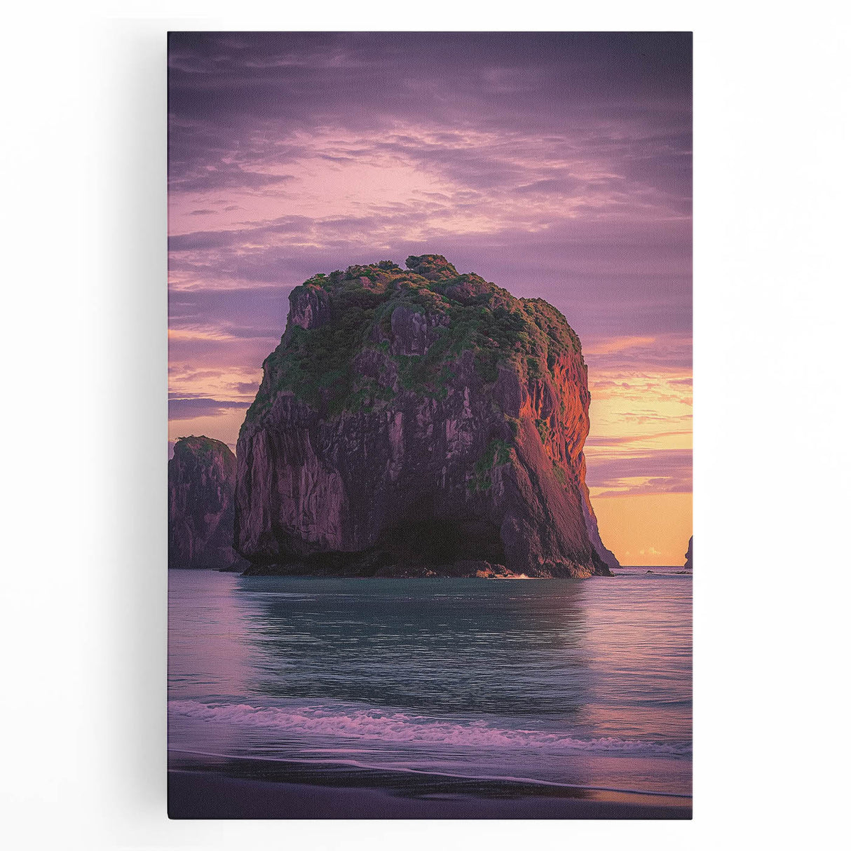 Stretched canvas artwork depicting a serene landscape of rugged cliffs and a tranquil ocean, showcasing vibrant colors and intricate details, perfect for enhancing any room's decor.