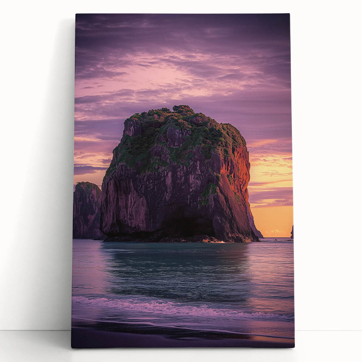 Stretched canvas artwork depicting a dramatic landscape scene of rocky cliffs and vibrant skies, designed for wall decor in modern interiors, highlighting nature's beauty.
