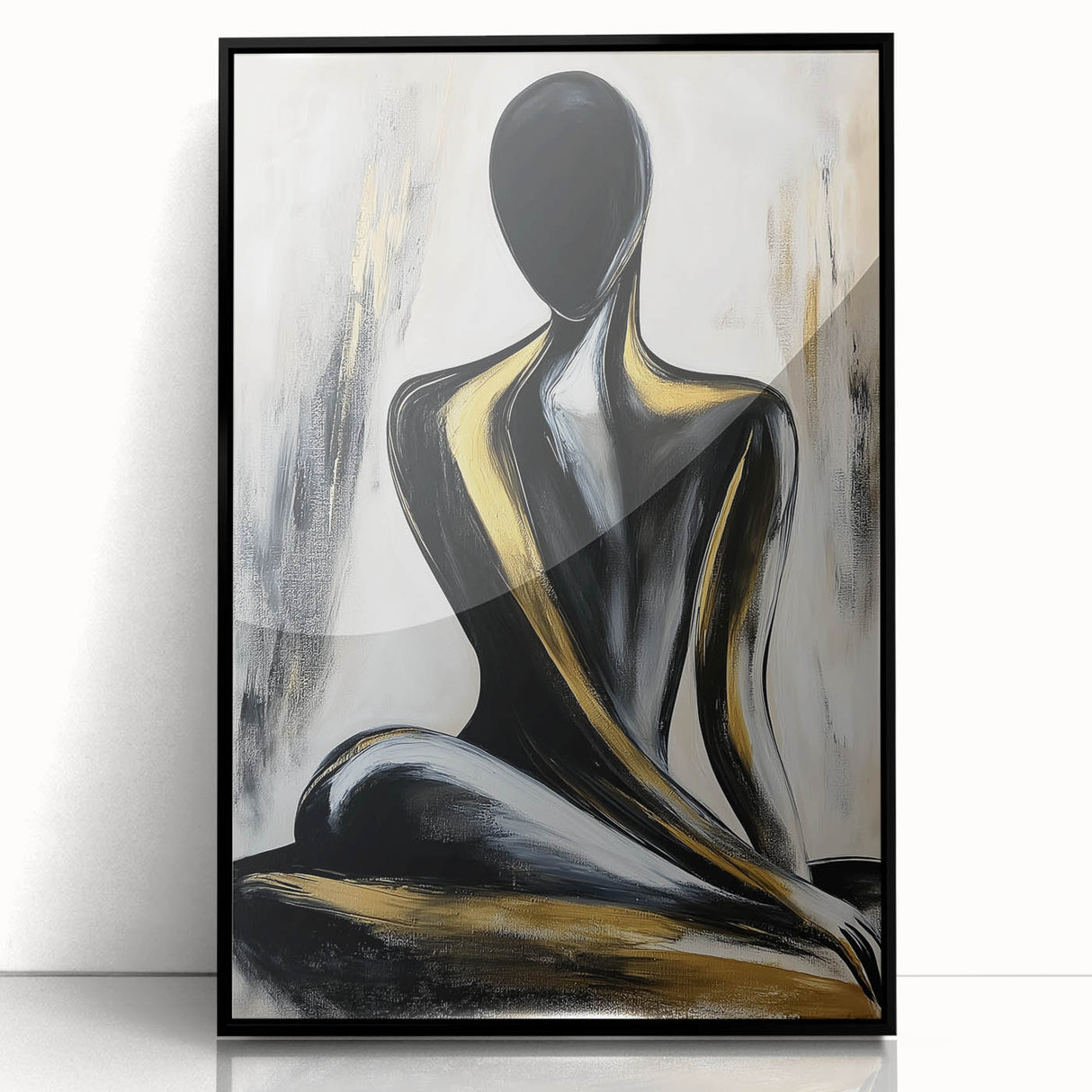 Abstract figurative artwork framed in black acrylic, showcasing vibrant colors and dynamic shapes, perfect for modern home decor or art enthusiasts.