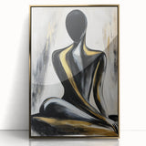 Framed abstract figurative art featuring a gold-accented design, showcasing vibrant colors and dynamic shapes. Ideal for modern home decor, adding elegance and style to any space.