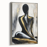 Framed abstract figurative canvas artwork in silver showcasing a modern design, displayed in a side view to highlight its elegant finish and details.