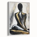 Framed abstract figurative canvas artwork in a sleek white frame, showcasing vibrant colors and dynamic shapes, perfect for modern home decor.