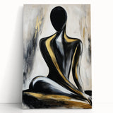 Abstract figurative stretched canvas artwork featuring vibrant colors and dynamic shapes, leaning against a textured wall, ideal for modern home decor.