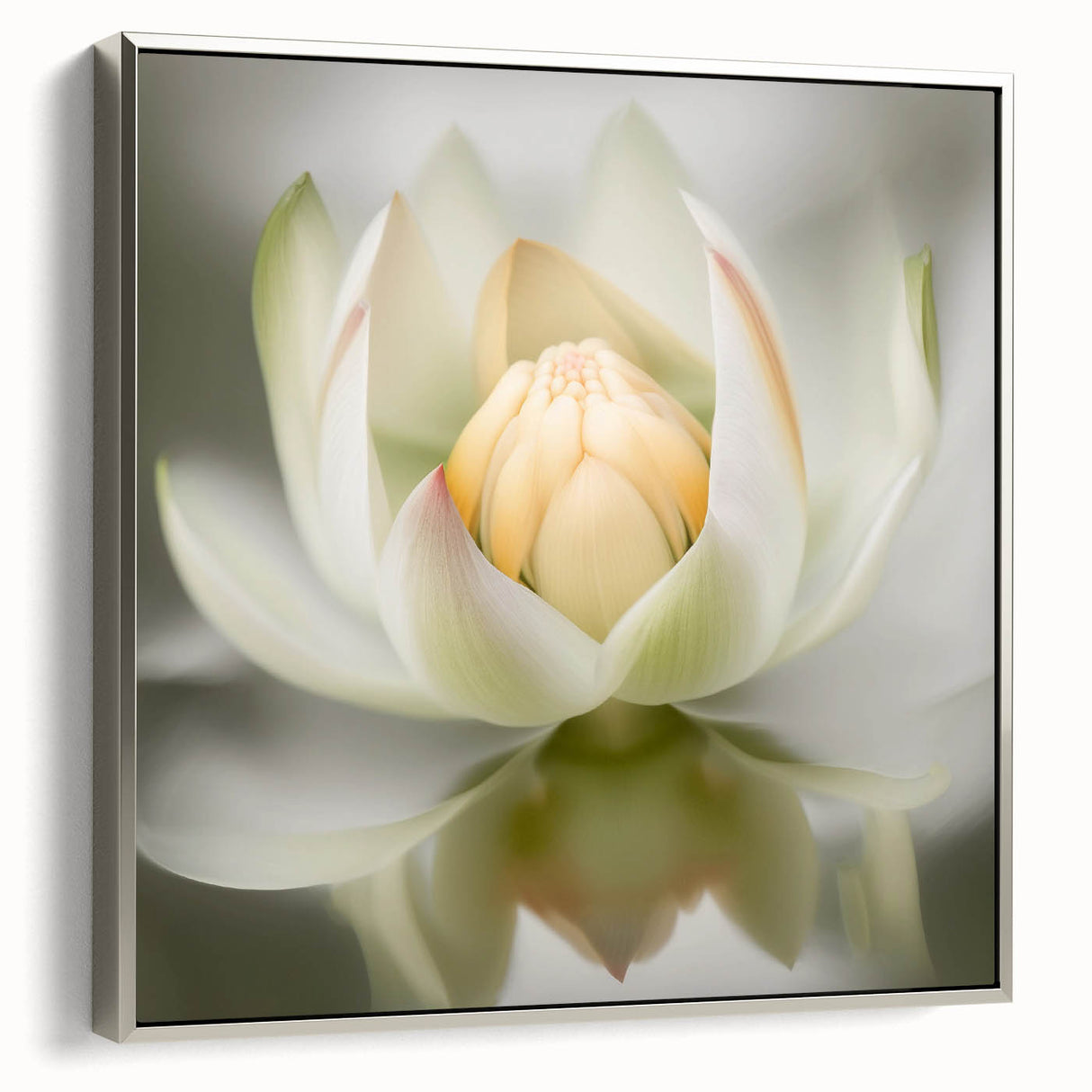 Framed abstract floral wall art design in silver, showcasing vibrant colors and intricate patterns, displayed from a side view to highlight its depth and elegance.