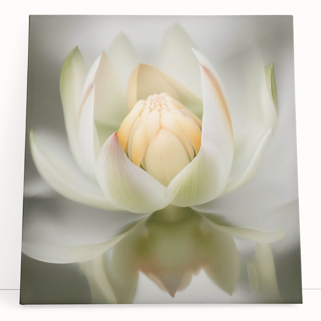 Abstract floral wall art on stretched canvas, showcasing vibrant colors like pink, blue, and green, leaning against a white wall, perfect for modern home decor.