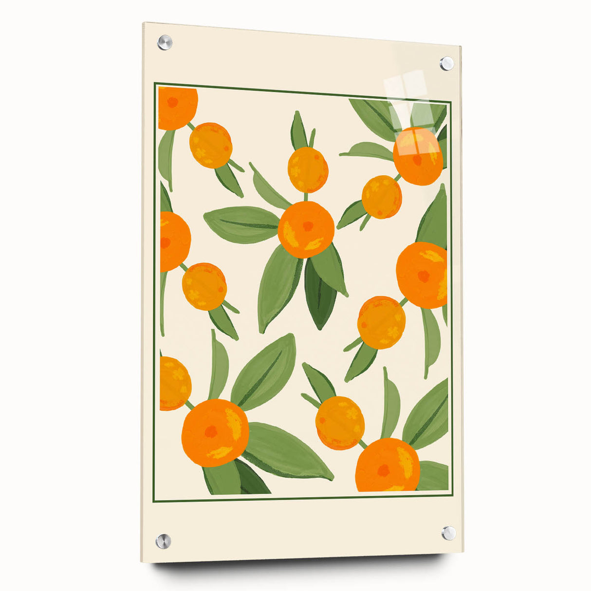 Large abstract wall art featuring an assortment of fruits in vibrant colors on acrylic glass, ideal for dining room decor.