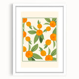 Abstract art print featuring assorted fruits in vibrant colors on a white framed mat, ideal for dining room decor.