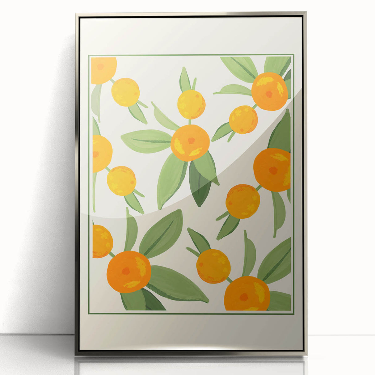 Mid-century modernist art featuring assorted fruits in bright colors on a silver-framed acrylic print.