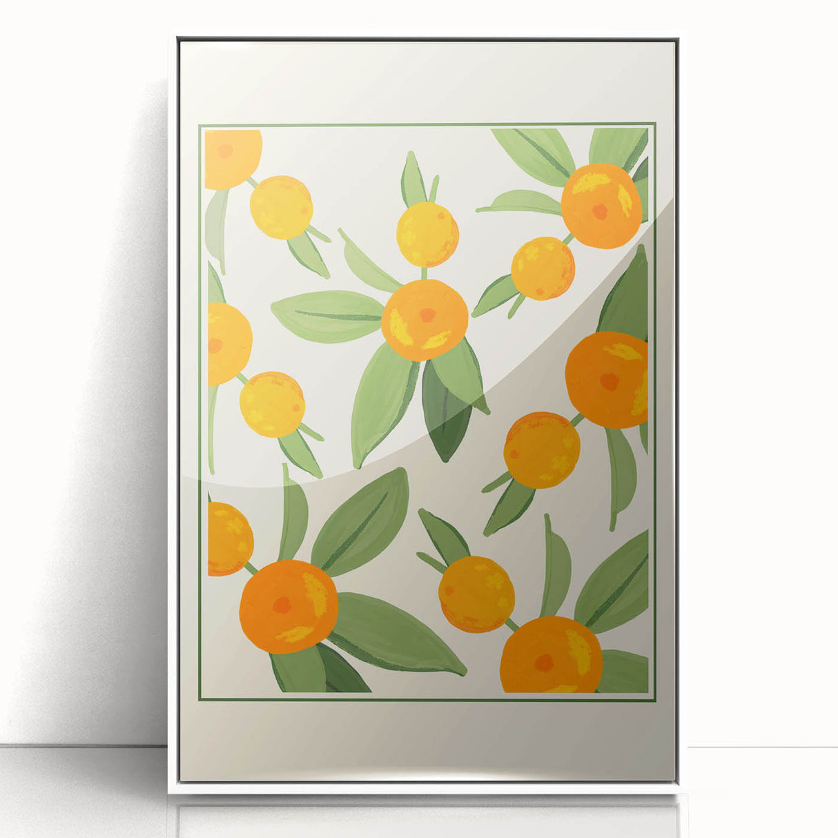 Acrylic print of assorted fruits in vibrant colors on a white background, framed and ideal for modern kitchen decor.