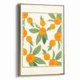 Framed canvas featuring a vintage poster art style landscape of assorted fruits in muted gold and black tones.