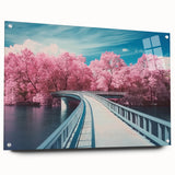 Acrylic glass landscape bridge design showcasing vibrant colors and intricate details, supported by sleek pins, ideal for modern home decor. Perfect centerpiece for art enthusiasts.