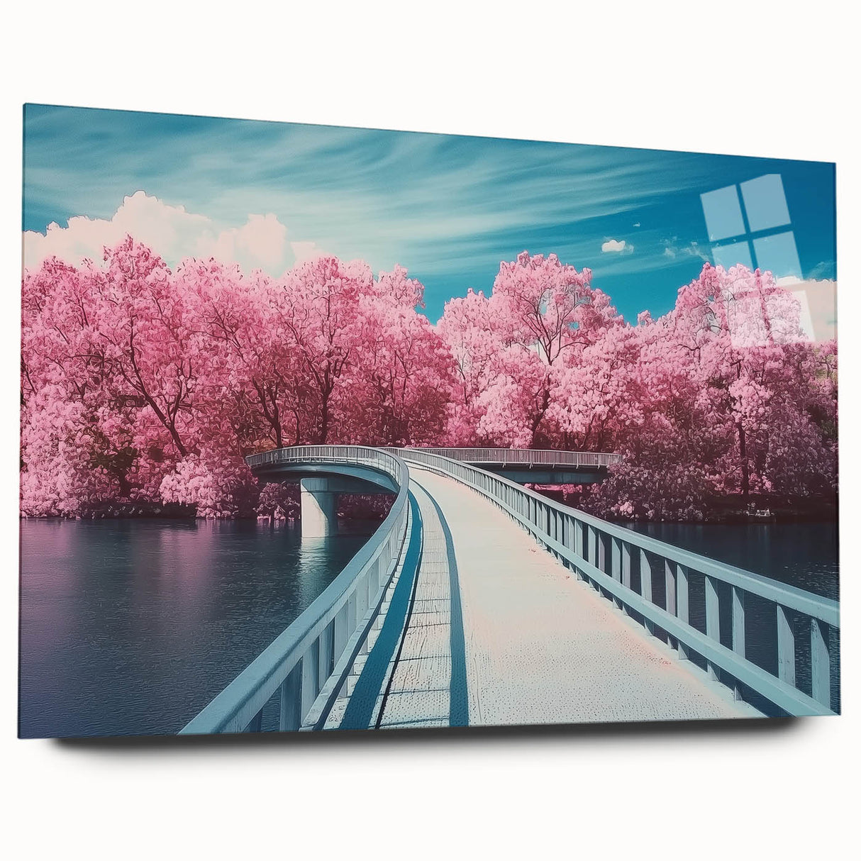Landscape bridge design in acrylic glass, showcasing a side view without pins. The vibrant colors and sleek finish highlight the modern aesthetic, perfect for interior decor.