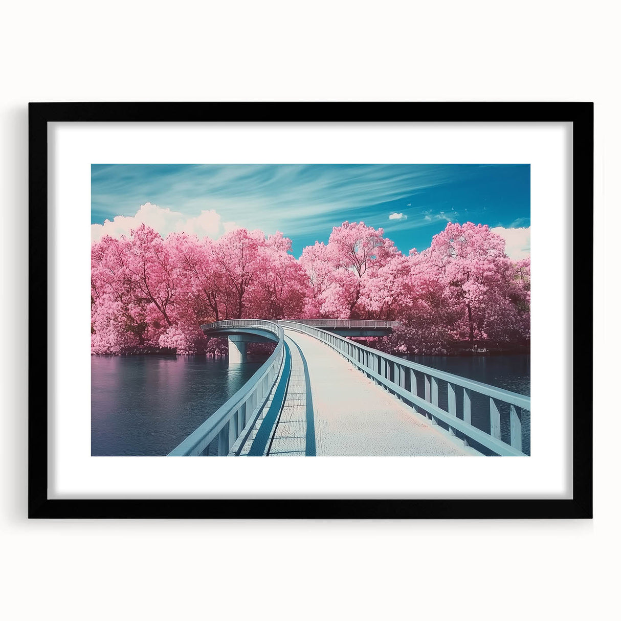 Black landscape bridge frame with a white mat, showcasing a minimalist design. Ideal for modern decor, it enhances artwork presentation and style.