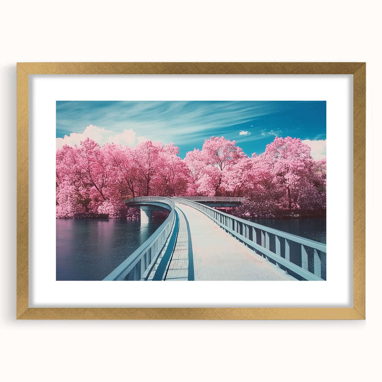 Gold landscape bridge frame with a mat, showcasing an elegant front view, perfect for enhancing home decor. Ideal for displaying artwork or photographs.