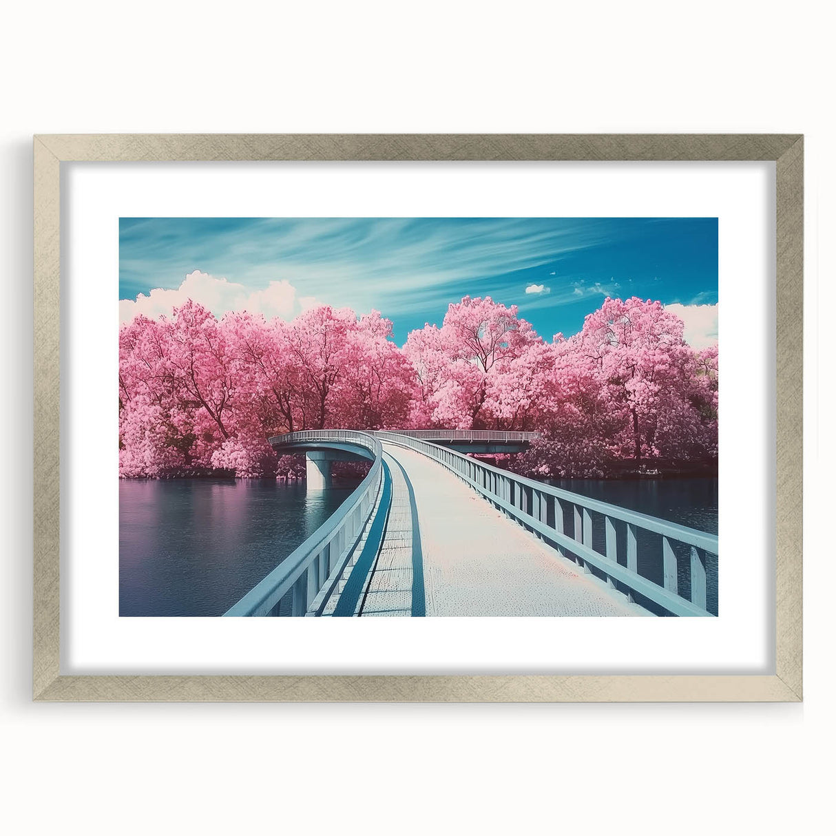 Silver landscape bridge frame showcasing a modern design with a white mat, perfect for displaying artwork or photographs in a contemporary setting. Ideal for home decor or office spaces.