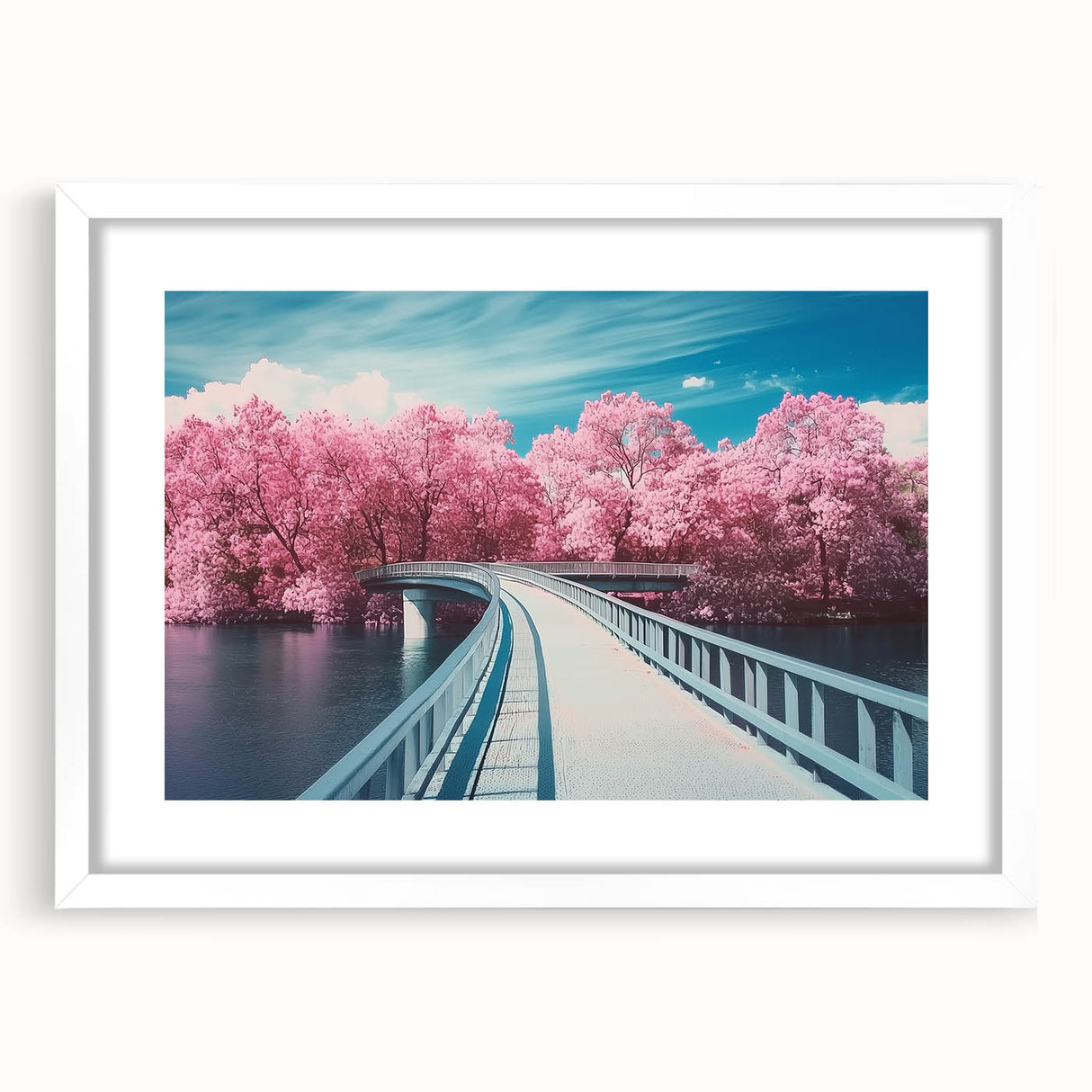 Elegant landscape bridge frame with a white mat, showcasing a serene outdoor scene. Perfect for enhancing home decor, this frame adds a touch of sophistication to any room. Ideal for nature lovers and art enthusiasts alike.