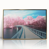 Framed acrylic artwork depicting a stunning landscape bridge in golden hues, showcasing intricate details and vibrant colors that enhance any interior space. This piece adds elegance and sophistication to home decor.