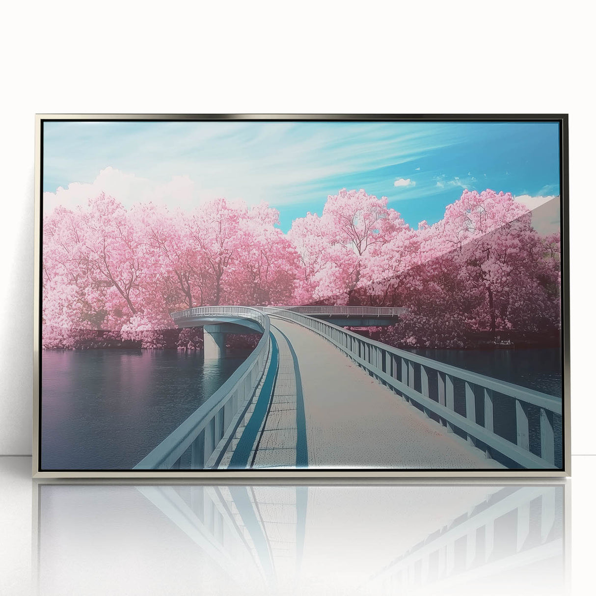 Framed acrylic artwork depicting a serene landscape with a bridge, showcasing vibrant colors and intricate details, perfect for home or office decor.