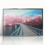 Framed acrylic artwork depicting a serene landscape with a bridge, showcasing vibrant colors and intricate details, perfect for home or office decor.