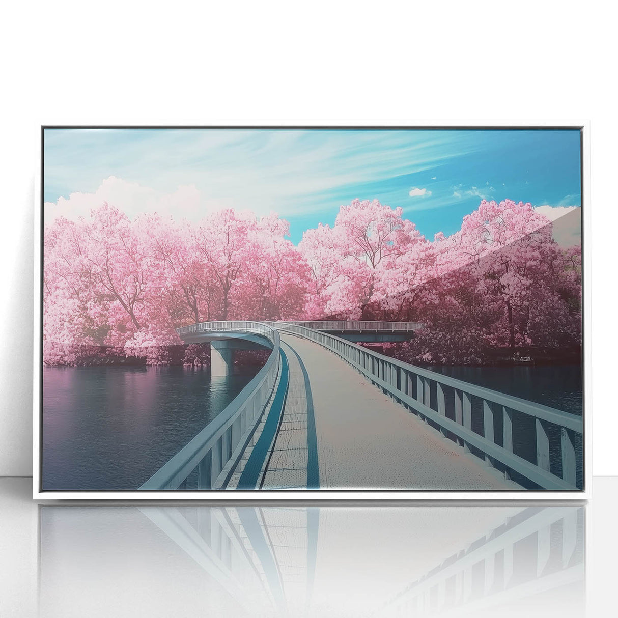 Framed acrylic artwork depicting a serene landscape bridge scene, featuring vibrant colors and intricate details, perfect for enhancing home decor.