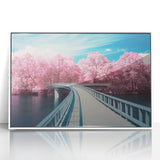 Framed acrylic artwork depicting a serene landscape bridge scene, featuring vibrant colors and intricate details, perfect for enhancing home decor.