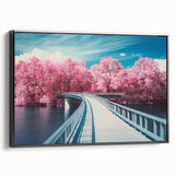 Framed canvas art depicting a picturesque landscape bridge in a serene, natural setting, featuring rich colors and intricate details, perfect for home decor.