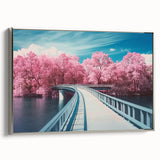 Framed canvas art showcasing a serene landscape bridge scene, featuring vibrant colors and intricate details, set in a sleek silver frame perfect for home decor.