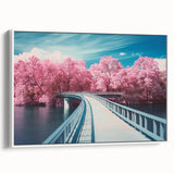 Framed canvas artwork of a serene landscape bridge scene, showcasing vibrant colors and intricate details, set against a white background for a modern touch.