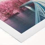 Landscape bridge artwork on rolled canvas, showcasing vibrant colors and intricate details of a serene natural scene, securely packaged in a protective cardboard tube.