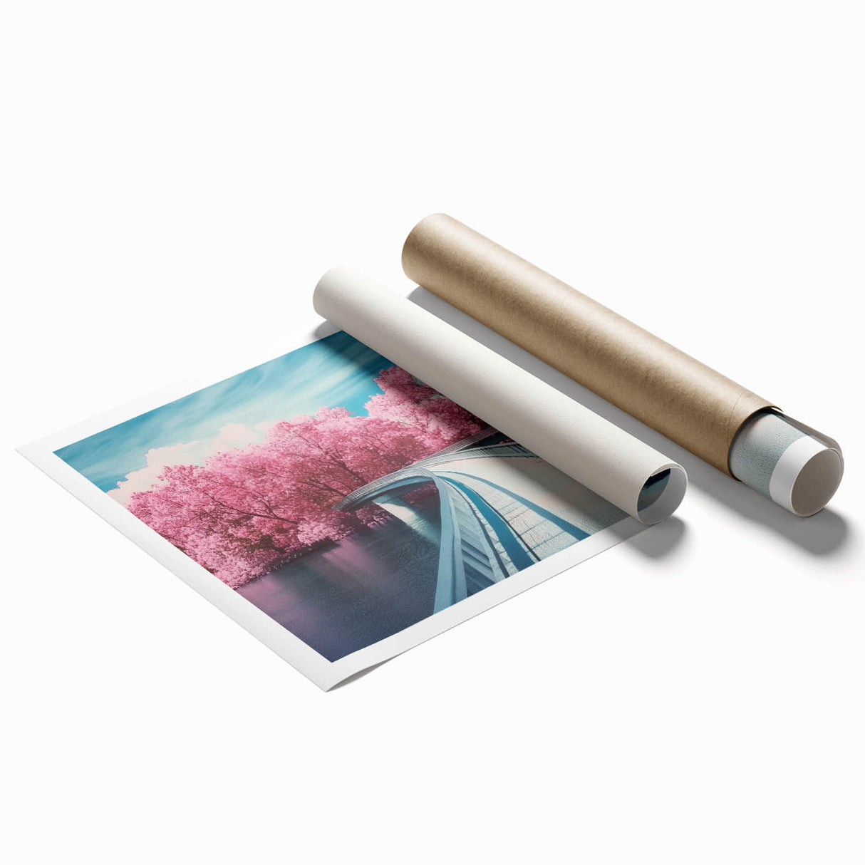 Landscape bridge art print showcasing intricate details and vibrant colors, rolled for easy transport, ideal for home decor enthusiasts seeking unique wall art.