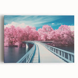 Stretched canvas artwork depicting a serene landscape bridge scene, featuring vibrant colors and intricate details, ideal for enhancing home decor and adding tranquility to any space.