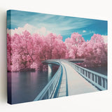 Stretched canvas artwork of a serene landscape bridge scene, showcasing vibrant colors and intricate details, perfect for home decor and art lovers.