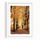 Abstract art print depicting autumnal trees in orange and yellow tones on a white framed canvas, ideal for dining room decor.