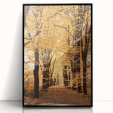 Large abstract wall art featuring autumnal colors and organic shapes, framed in black acrylic.