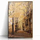 Large art print of a mid-century modernist autumn scene in warm gold tones on acrylic, ideal for modern art wall decor.